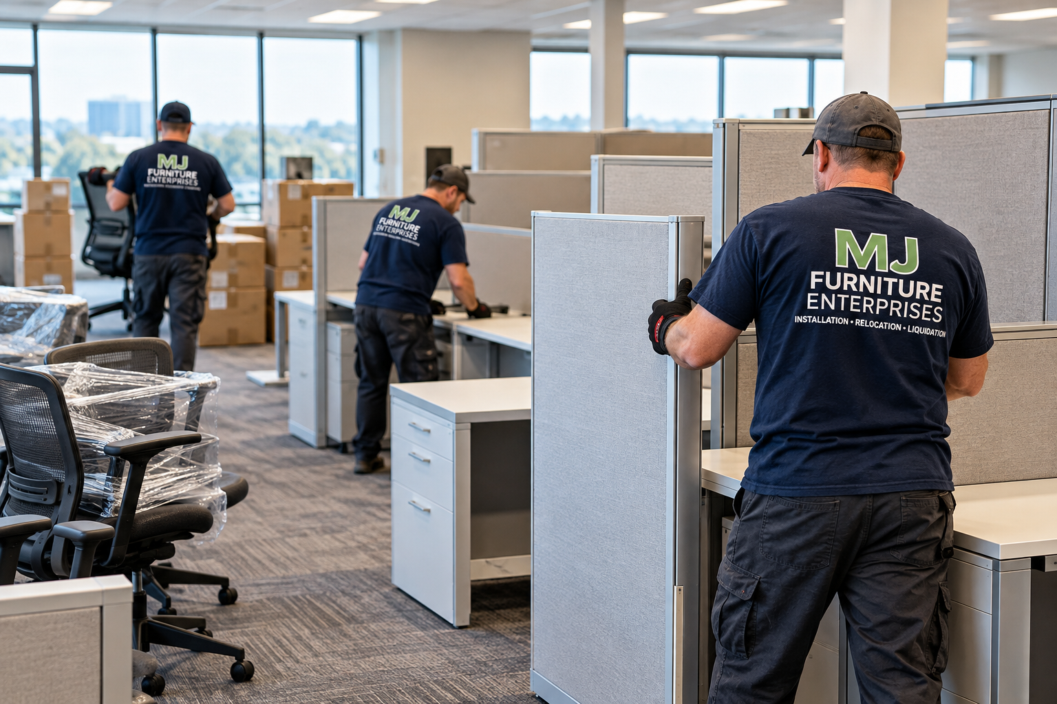 Office furniture relocation team dismantling and reinstalling cubicle workstations during a commercial office move.