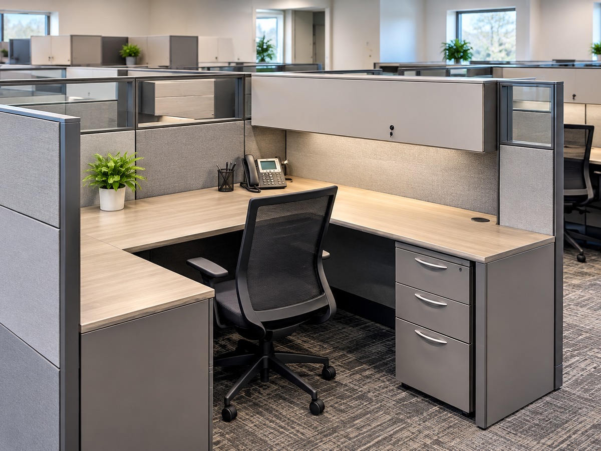 Refurbished office cubicle with L-shaped desk, overhead storage, and filing drawers in a commercial workspace